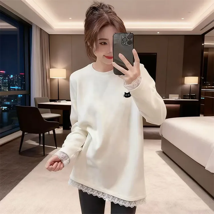 德绒中长款打底衫蕾丝拼接T恤女2025春秋季新款时尚上衣长袖内搭