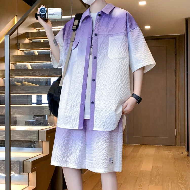 2025夏季新款时尚套装男宽松短袖衬衣搭配五分裤青少年两件套