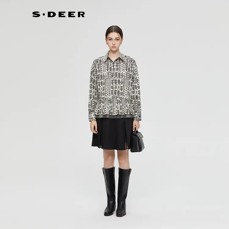 S·DEER圣迪奥女装薄款上衣翻领常规小香风衬衫女士衬衫S253Z0537