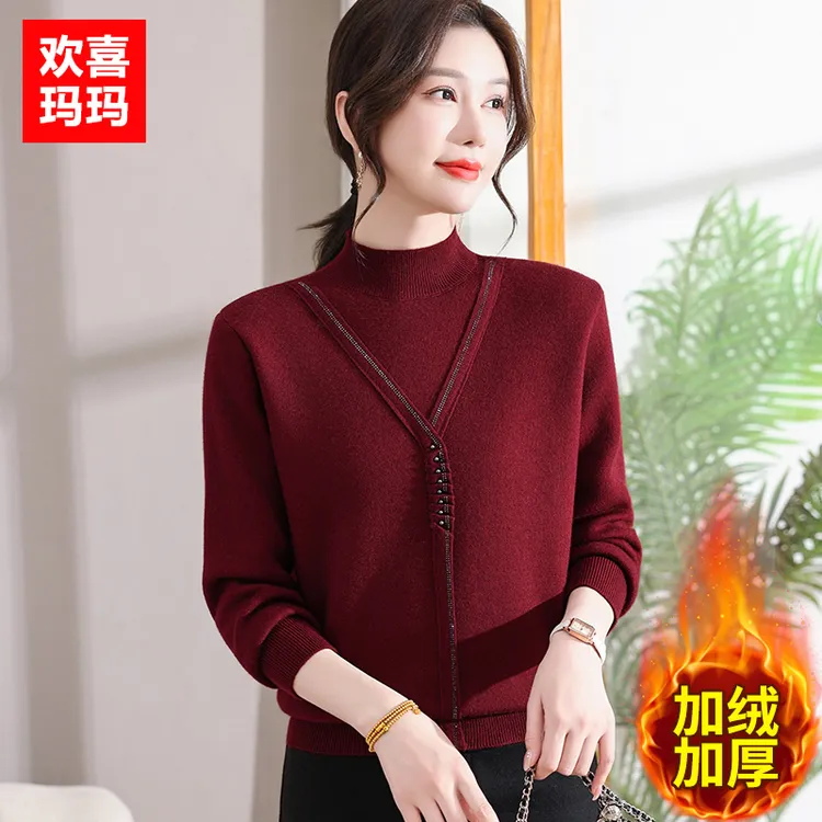 妈妈秋冬装新款半高领加绒毛衣中老年女冬季加厚打底衫保暖上衣服