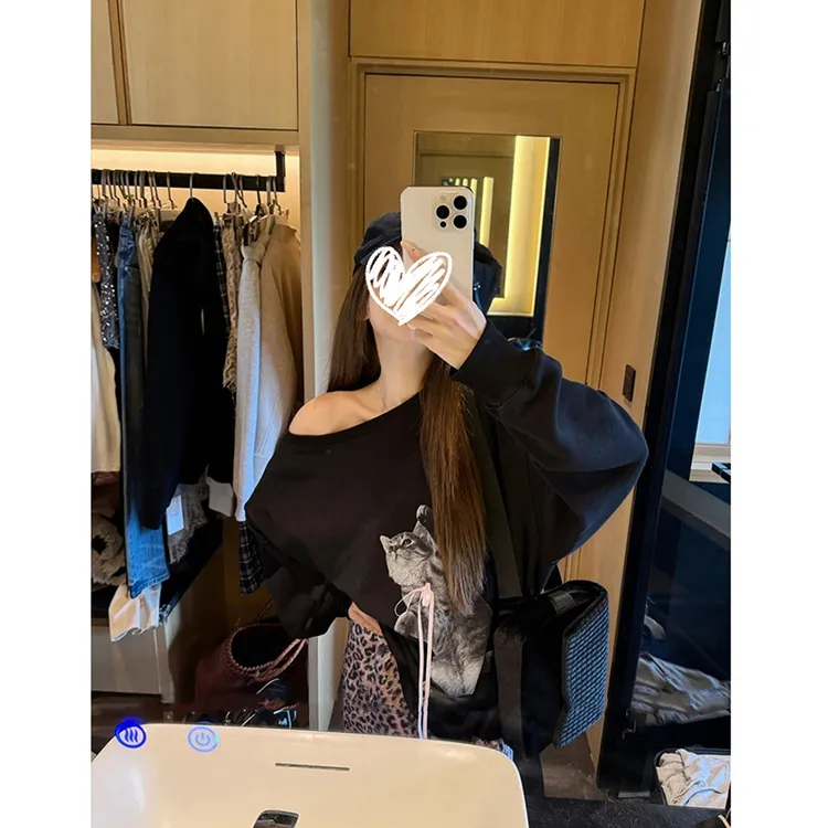 |喵喵卫衣|斜肩猫咪印花上衣美式复古粉豹纹半身裙秋季时尚套装