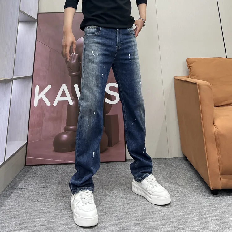 2025秋冬新款美式复古潮流渐变个性泼墨男士高街弹力小直筒牛仔裤