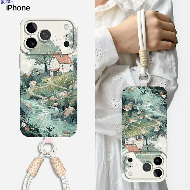 幸福仪楚适用苹果17pro壳iPhone17新款air春日16尼龙挂绳15风景14