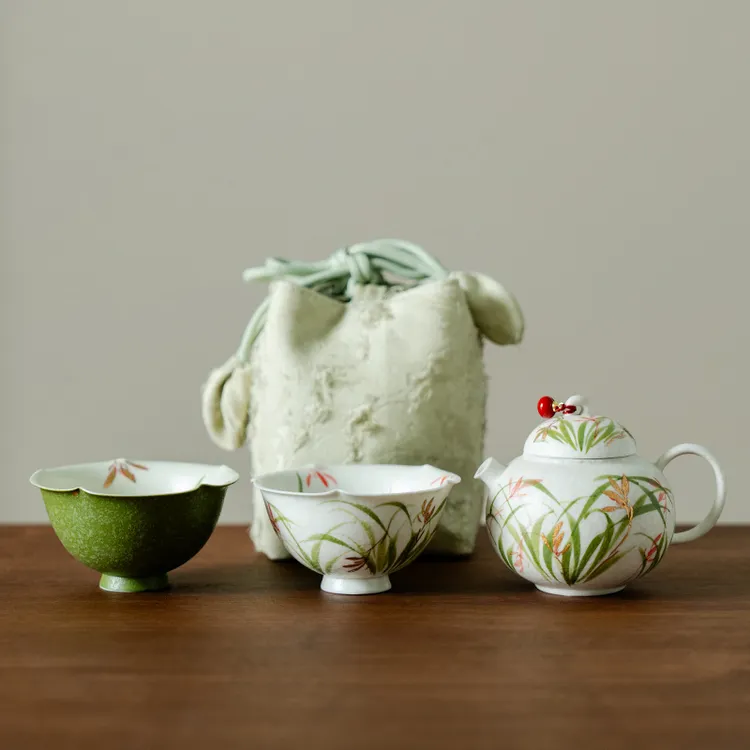 赞朴纯手绘粉兰花茶壶茶杯套装精致便携式户外露营随身泡茶泡茶壶