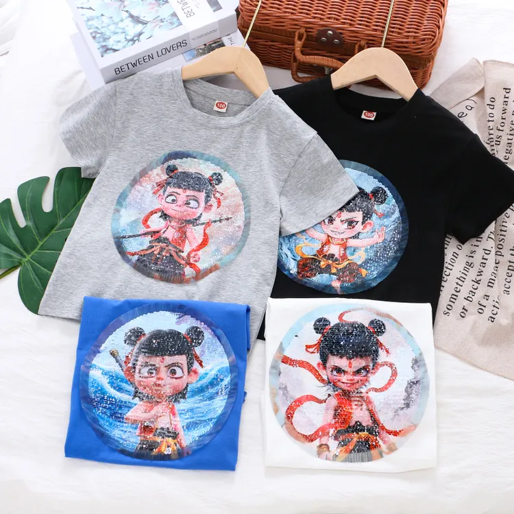 哪吒衣服夏季短袖T恤新款小男孩亮片变色可变图案儿童纯棉t恤敖丙