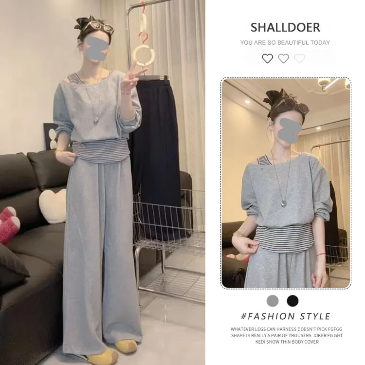 2025秋季新款不规矩长袖T恤+高腰休闲裤两件套女显瘦百搭套装