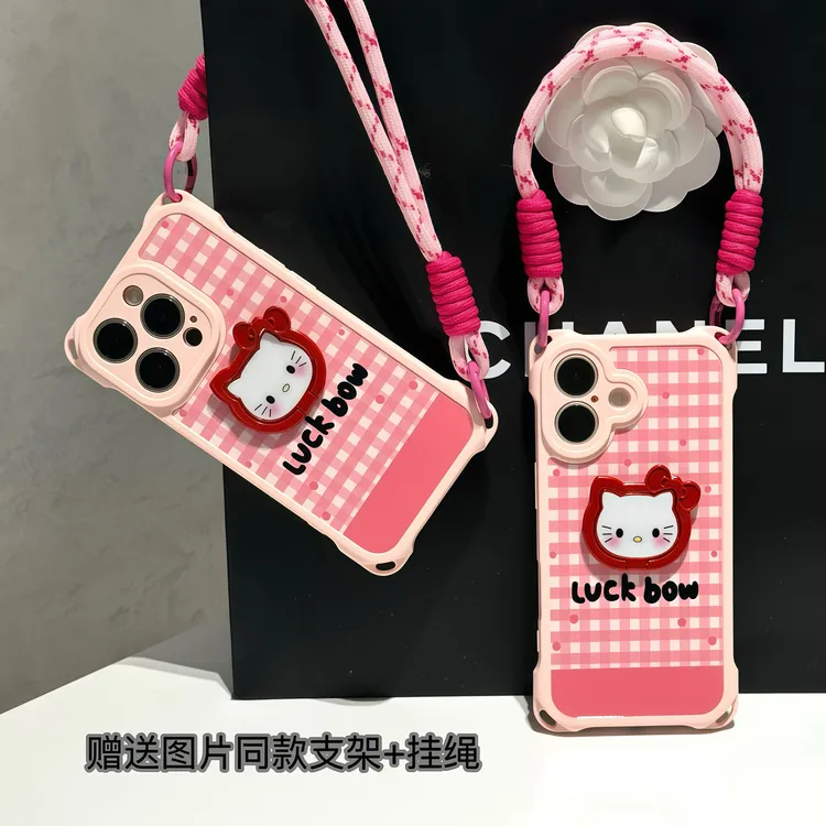 luck格子kitty支架挂绳适用iPhone苹果16手机壳华为vivoppo小米15