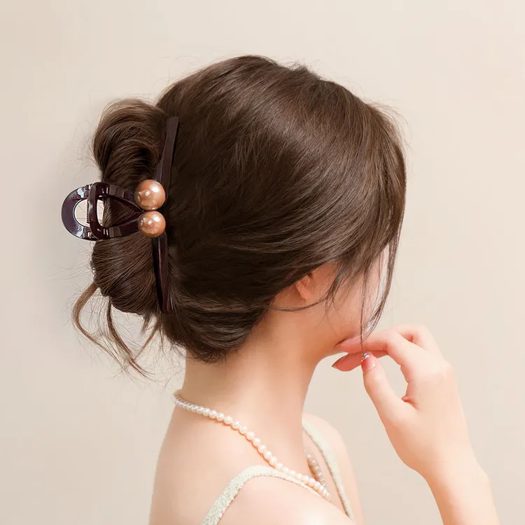 复古咖色珠珠新款后脑勺盘发大号鲨鱼夹发夹后脑勺抓夹上班族8136