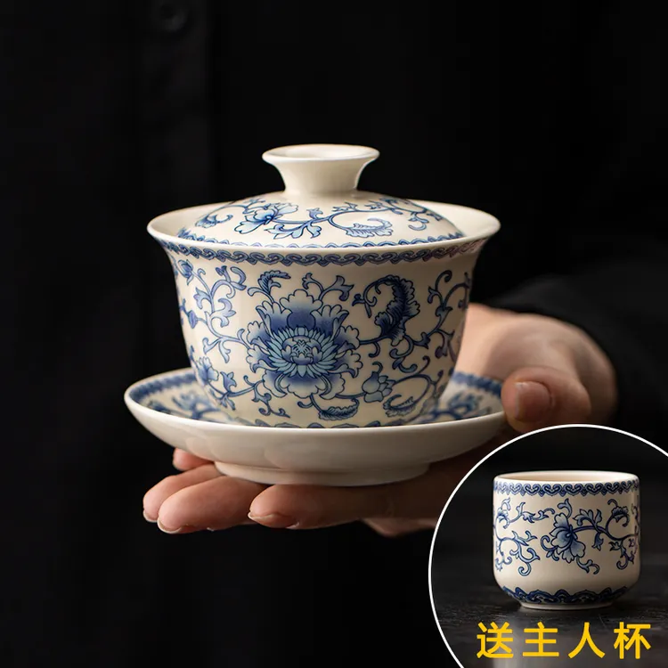 青花缠枝莲悬停三才盖碗陶瓷170ml容量家用茶碗茶杯高档功夫茶器商品图