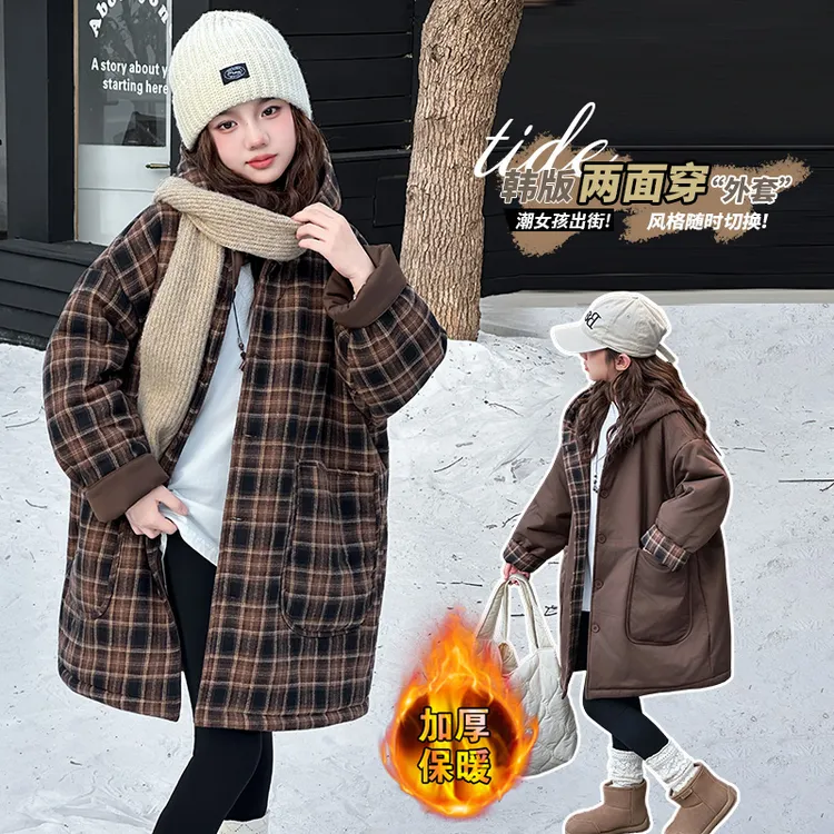 女童棉服冬季新款韩范时髦连帽格子双面穿中长款棉衣潮
