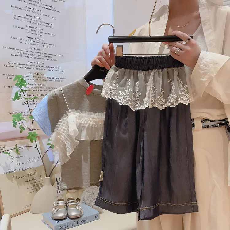 女童韩系蕾丝百搭屁帘直筒阔腿裤夏季新款