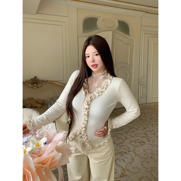 王葡萄微胖mm蕾丝拼接V领针织衫秋冬新款气质大码内搭上衣DM2702