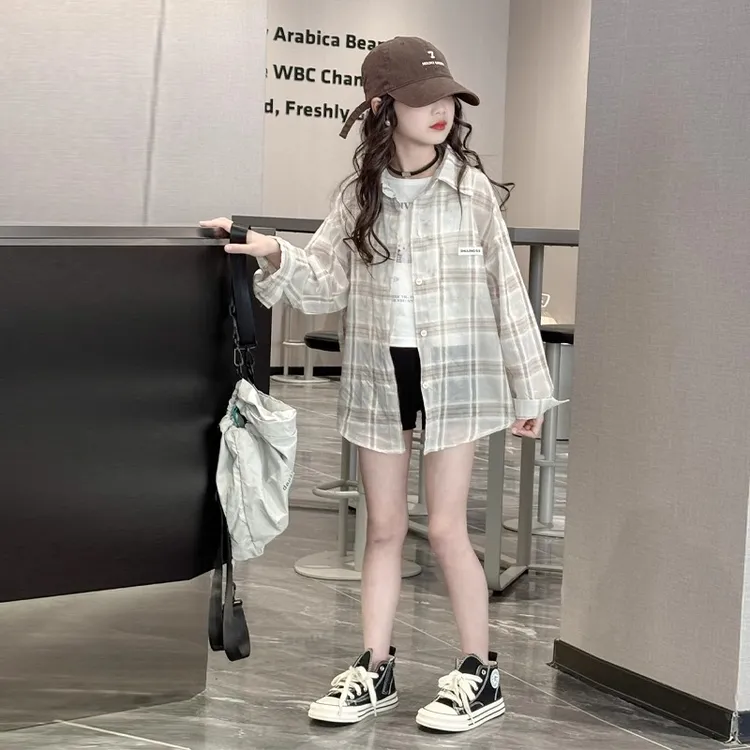 女童格子衬衫夏季2025新款洋气女大童衬衣薄款夏装儿童防晒衣外套