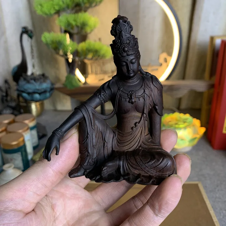 太行崖柏雷击木10x8.5公分水月自在观音菩萨中式禅意玄关客厅摆件