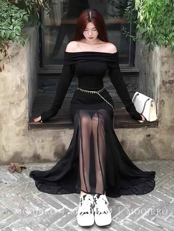 pinkmoon||黑色网纱一字肩连衣裙女秋纯欲气质辣妹小个子修身显瘦