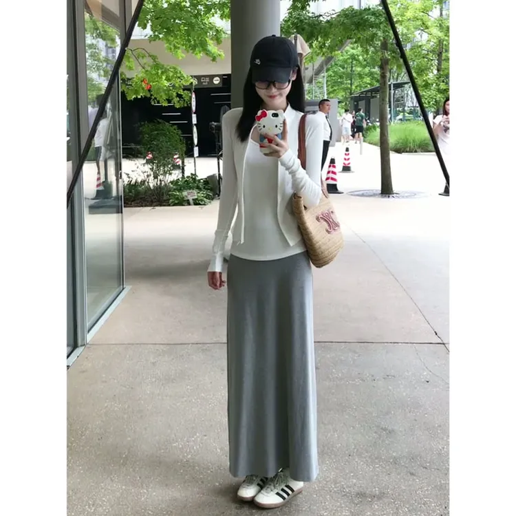 2025早秋新款女法式气质修身立领开衫圆领吊带上衣高腰直筒半身裙