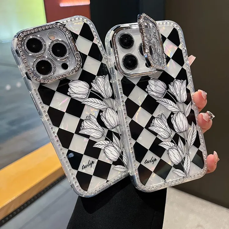 适用苹果系列iPhone16新款手机壳个性黑白菱格全包镜头膜钻框支架