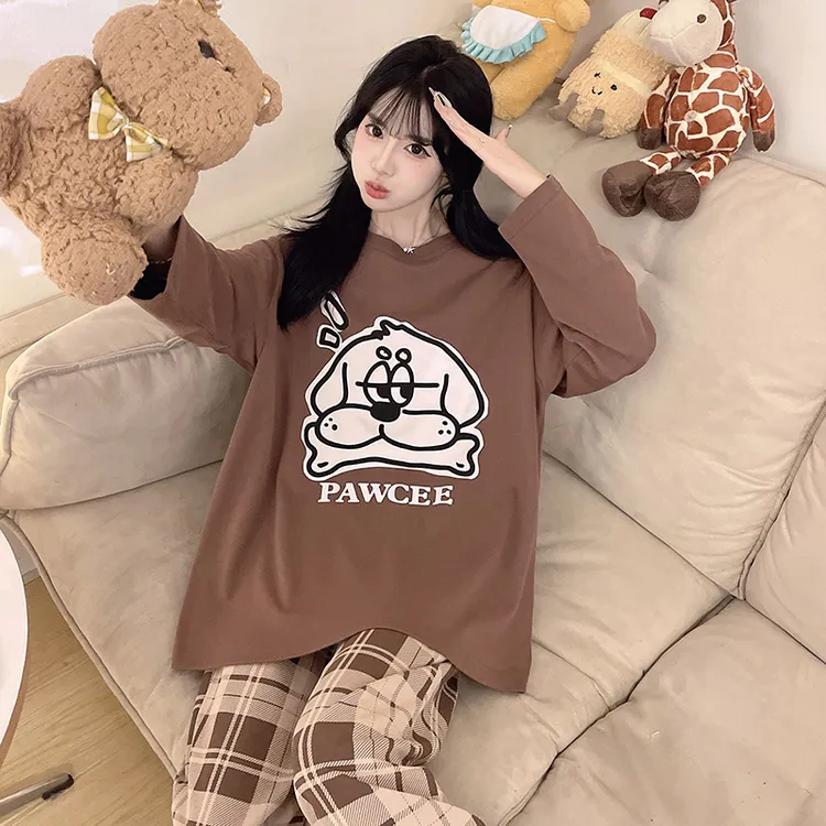 纯棉睡衣女长袖薄款春秋季卡通可爱加大码学生甜美秋款家居服套装