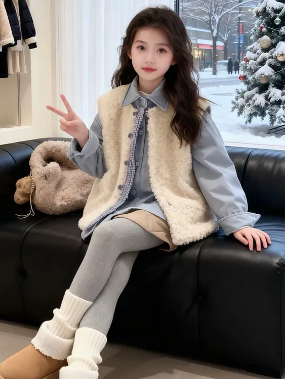 女童马甲外套休闲风秋冬季韩版童装保暖背心冬夹棉外穿无袖格套装