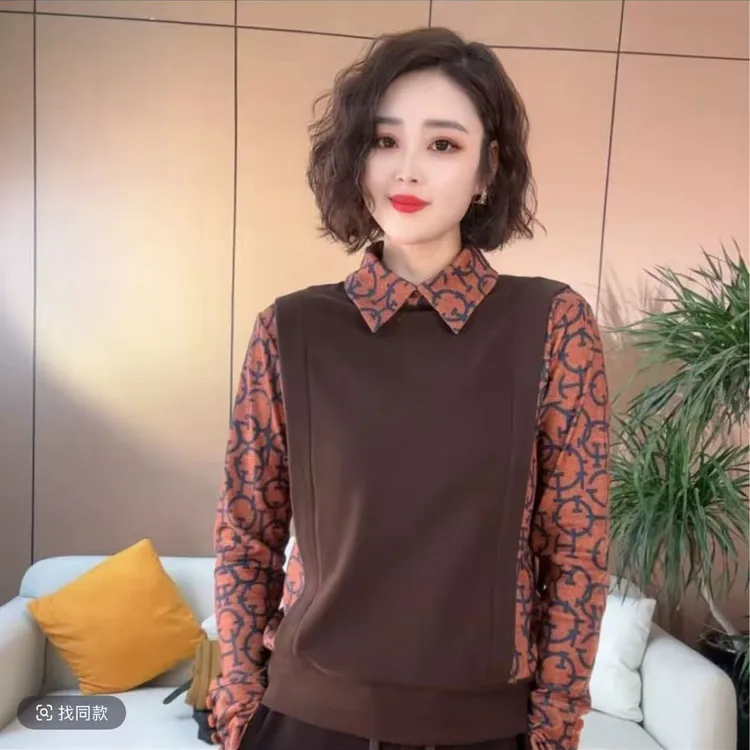 冬季新款双面绒假两件拼色翻领衬衫洋气妈妈装保暖打底衫减龄上衣