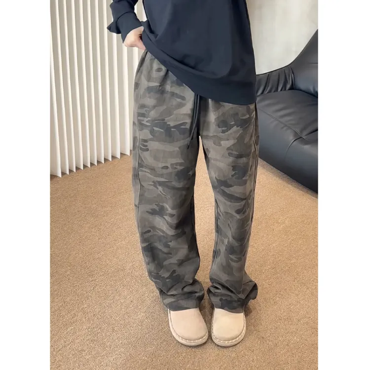 colyon加绒加厚裤子纯棉水洗做旧迷彩工装裤男宽松阔腿直筒弯刀裤