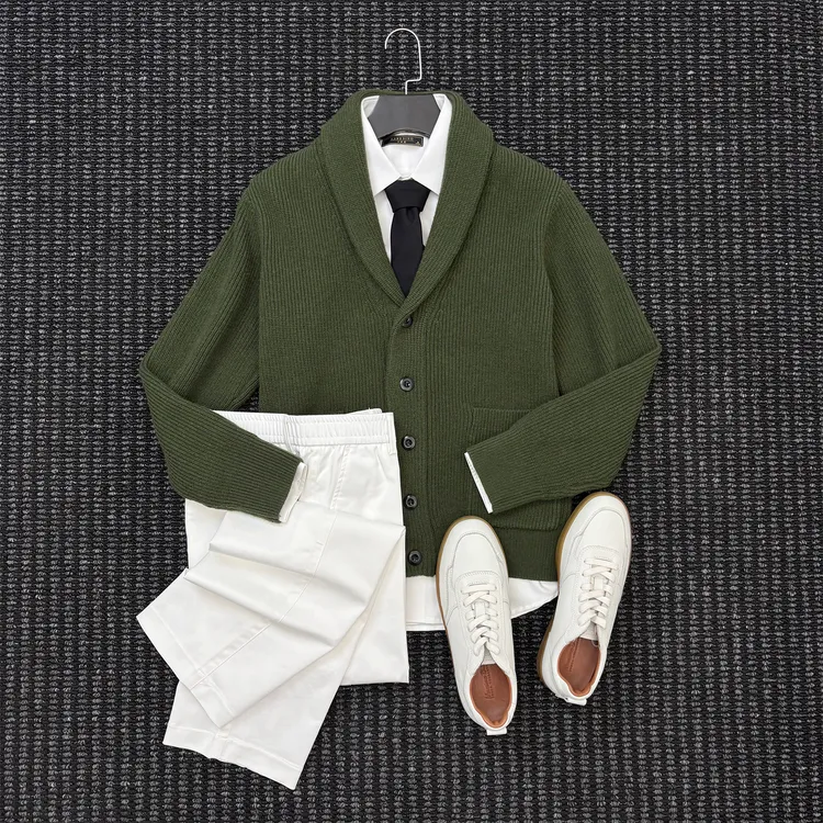 秋冬季保暖加厚设计感青果领针织开衫休闲时尚百搭口袋毛衣外套男