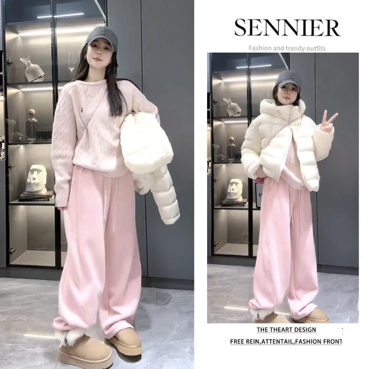 秋冬温柔穿搭女2025新款韩版减龄针织衫洋气棉服外套休闲裤三件套