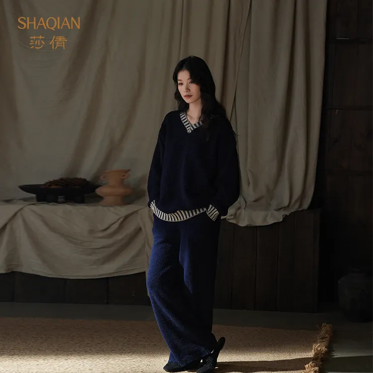 莎倩睡衣女士新款秋冬半边绒保暖家居服加绒加厚珊瑚绒可外穿套装