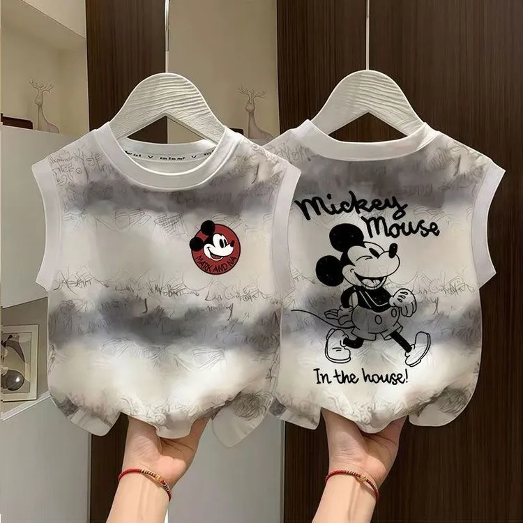 儿童夏季新款纯棉背心中大童卡通米奇印花男女童宝宝宽松百搭坎肩