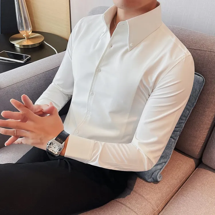 法式大尖领男士长袖衬衫春夏百搭修身商务休闲正装高级感短袖衬衫