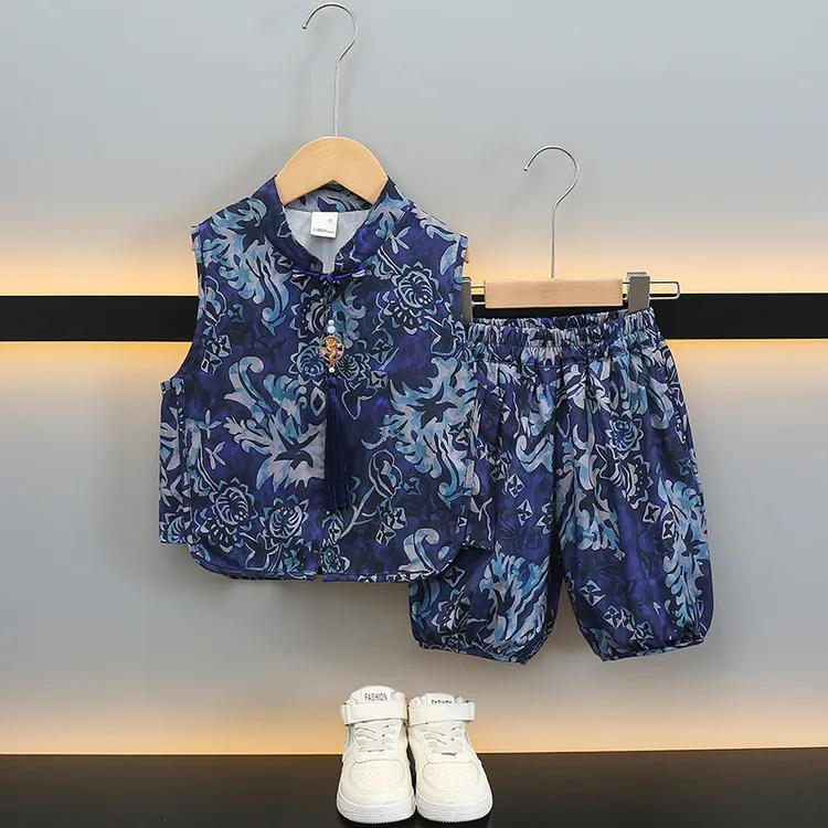 男童夏季国风新中式夏装套装2025新款夏季宝宝无袖衬衫唐装汉服潮