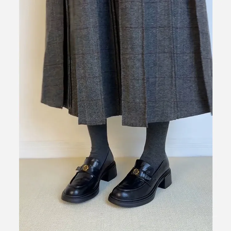 羊皮版~粗跟通勤厚底山茶花乐福鞋女复古英伦风单鞋一脚蹬小皮鞋