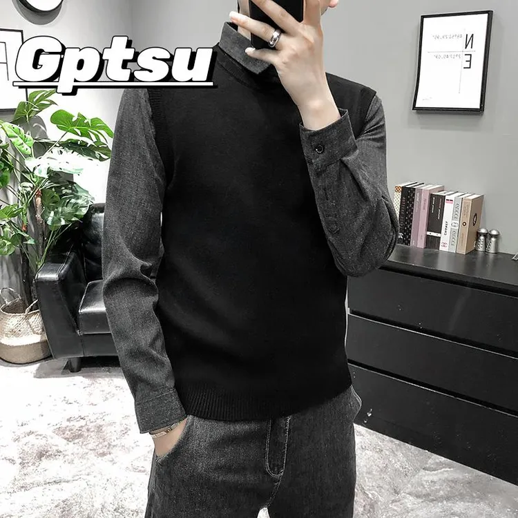 GPTSu春秋季新款打底毛衣男士长袖衬衫领假两件男潮流薄款针织衫