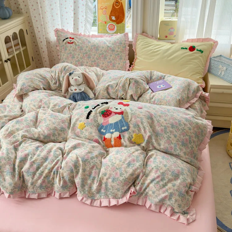 母婴可用水洗棉毛巾绣四件套学生宿舍三件套床单被套四季款四件套