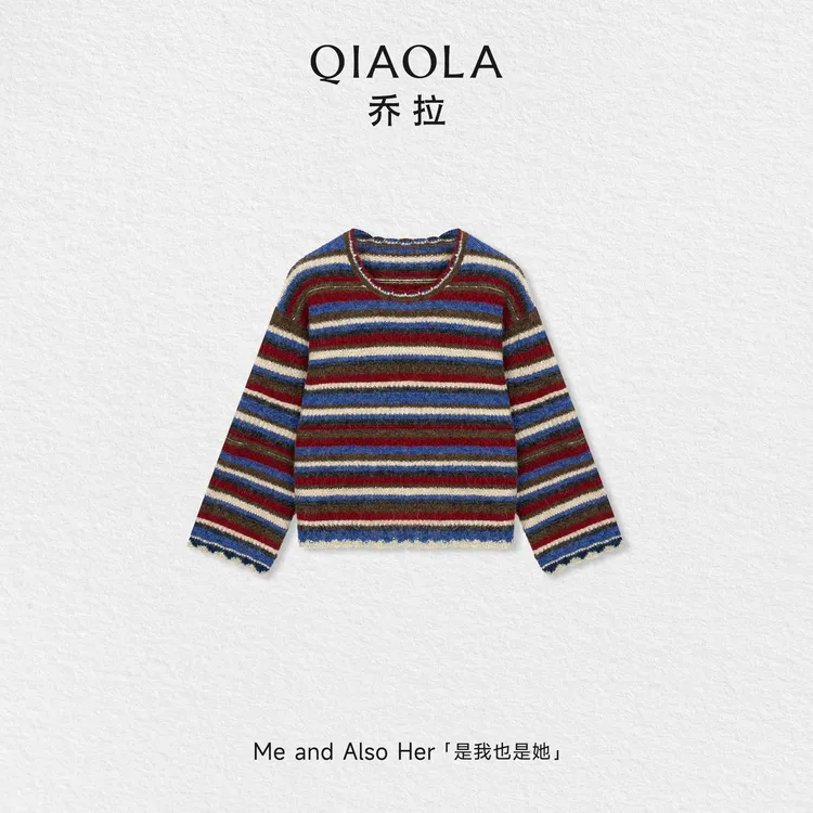 QIAOLA/乔拉【七彩琉璃】秋冬羊毛彩色条纹圆领落肩时尚简约上衣