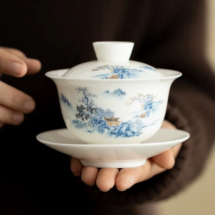 德化羊脂玉三才盖碗高档茶杯白瓷带盖大号功夫茶具家用陶瓷泡茶器