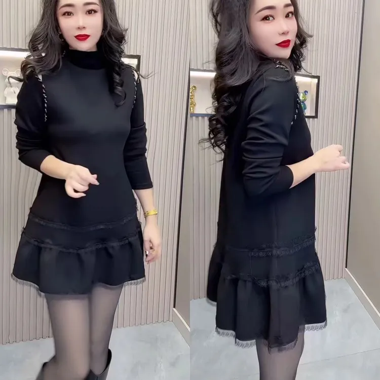 立领露肩秋季抹胸款连衣裙洋气百搭气质