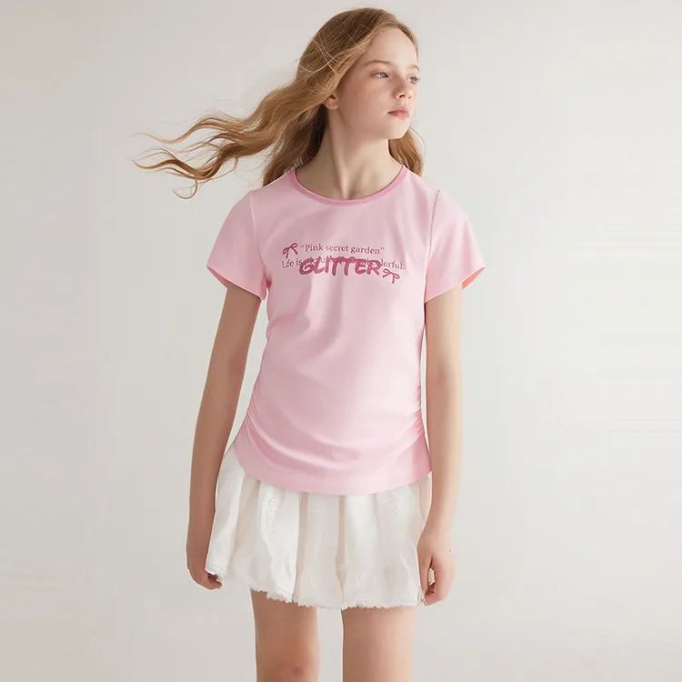 笛莎童装儿童女童短袖T恤中大童夏季字母甜美圆领上衣-932520406