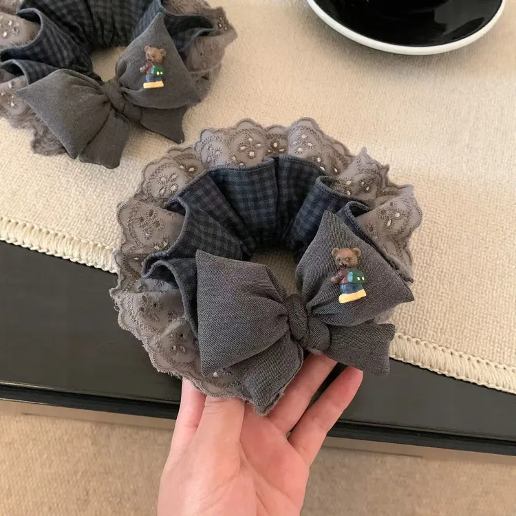 韩系格纹蕾丝双层蝴蝶结大肠发圈女扎头发丸子头发绳头绳皮筋