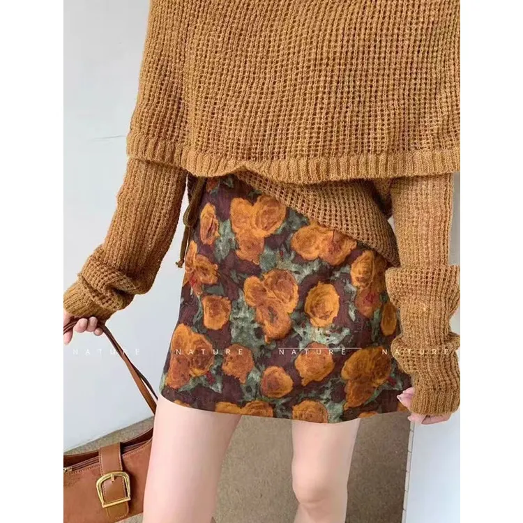 【美拉德】碎花半身裙女秋季2025新款小个子复古油画印花a字短裙