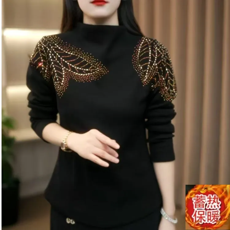 冬款时尚加绒T恤保暖镶钻长袖上衣一体打底衫黑色减龄显瘦半高领5