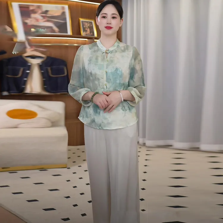 江南妈妈装春夏薄款长袖小衫套装中老年女宽松遮肚气质两件套