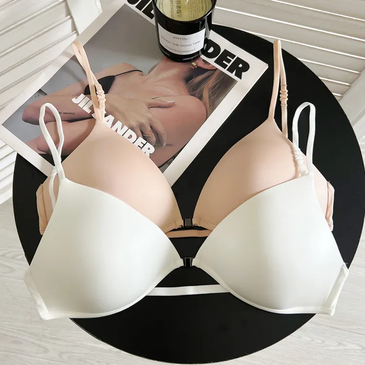 法式磁力前扣美背挂脖内衣女露背无痕薄款三角杯细肩带多穿法文胸