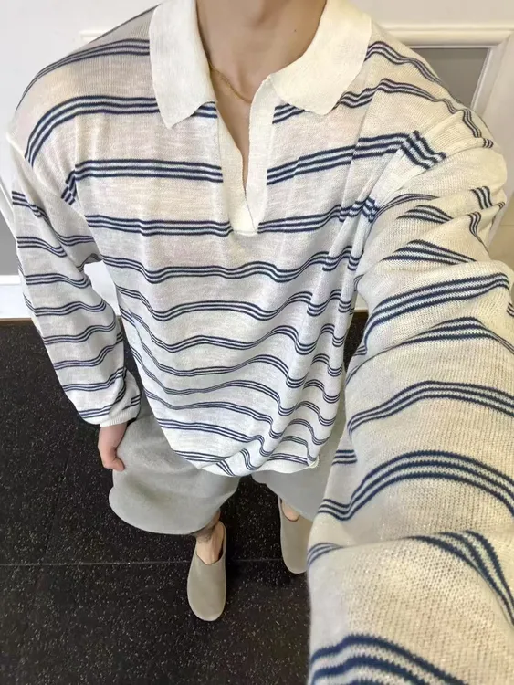 美式复古条纹撞色V领长袖polo衫男女夏季宽松休闲防晒上衣