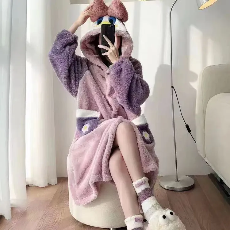珊瑚绒睡袍女秋冬季加厚长款唐老鸭睡衣浴袍睡裙居家休闲