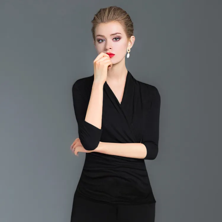 早秋新款黑色打底衫女春秋收腰显瘦遮肚七分袖莫代尔t恤v领上衣