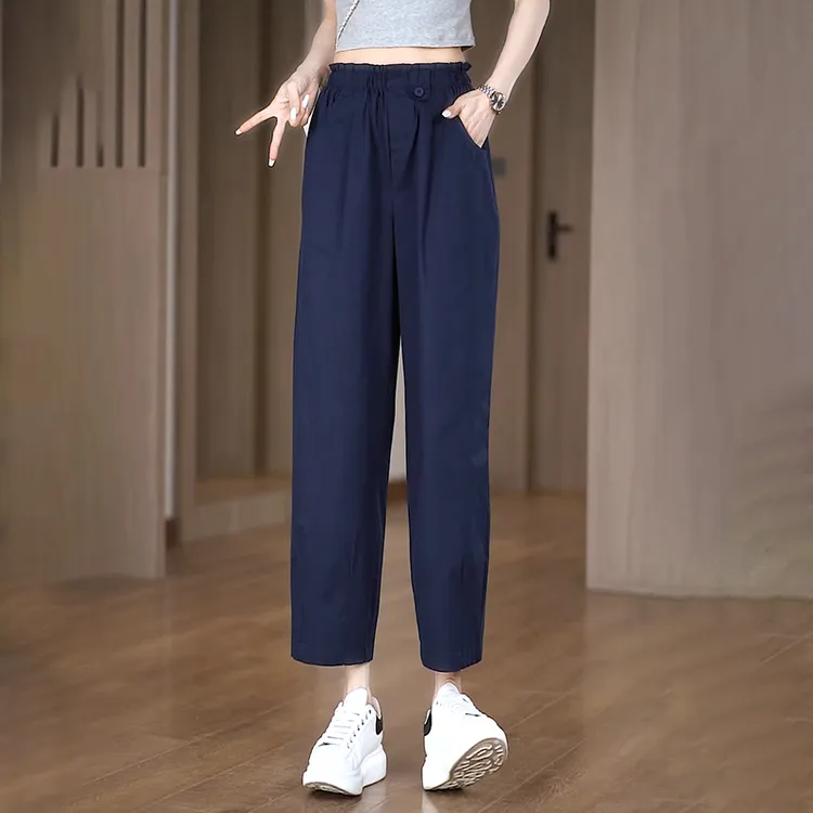 松紧腰花苞阔腿休闲裤女2025夏季新款宽松显瘦小个子薄款八九分裤