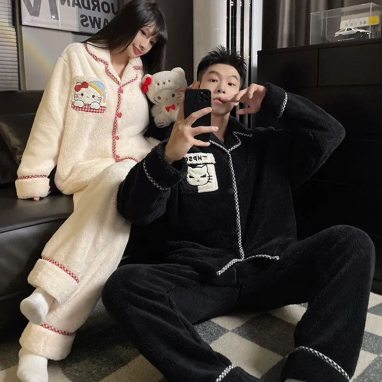 珊瑚绒情侣睡衣女秋冬季天加绒加厚可爱Hollykitty套装男士家居服