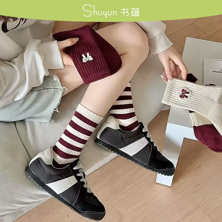  5双】袜子秋冬安可拉红色红袜子春秋季条纹蝴蝶结ins中筒刺绣长袜