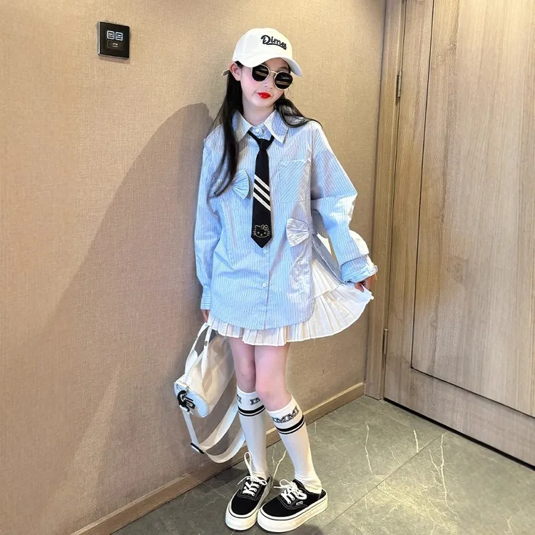 女童学院风衬衫条纹套装2025新款洋气时髦长袖衬衣小女孩儿童服装
